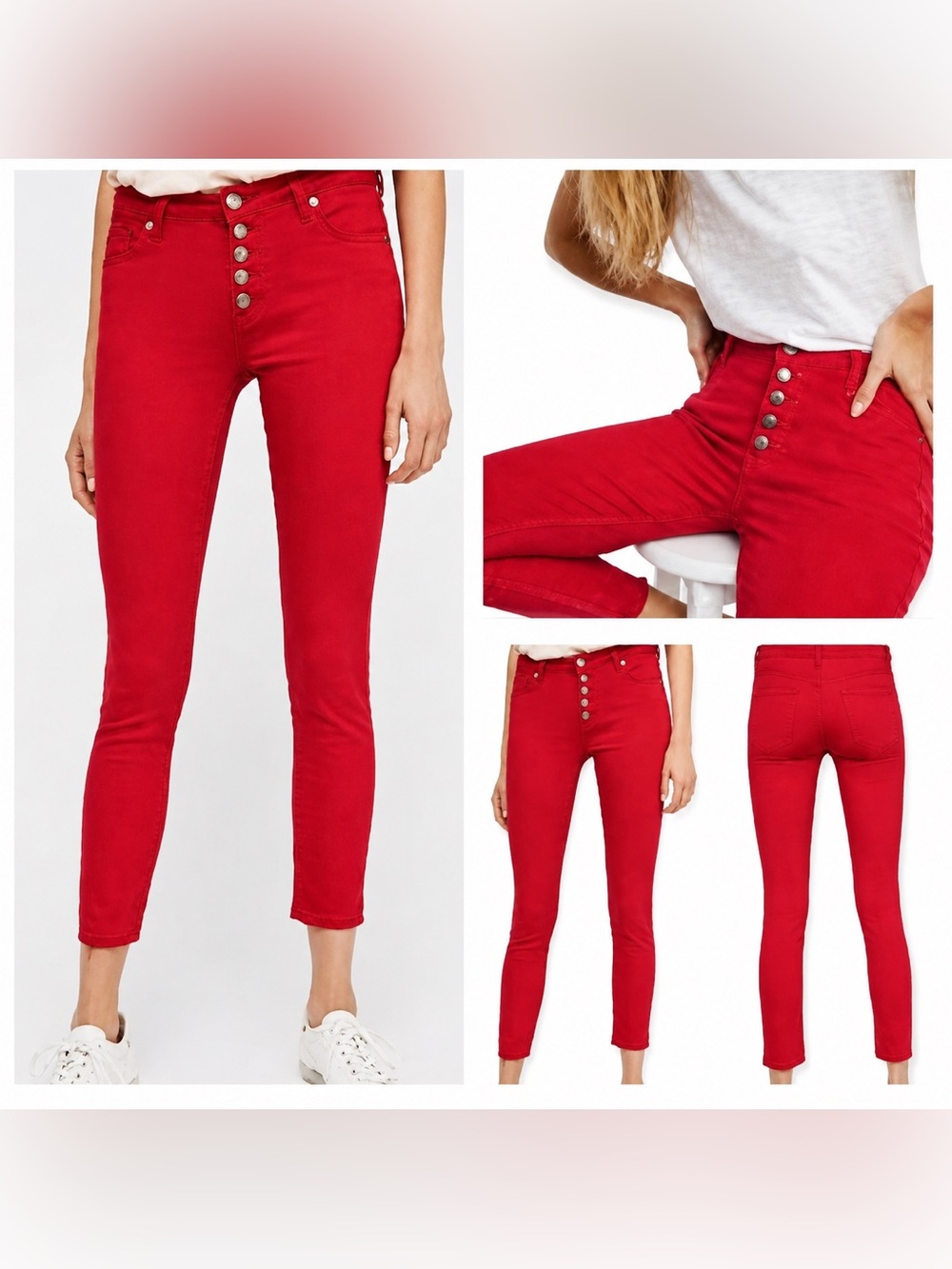 Free People - Reagan Jeans in Red - Raw Hem/Button Fly/Ankle Cropped - 26